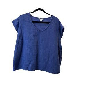 Three Dots Women's XXL Blue V-Neck Cap Sleeve Gauze Top Lagenlook Boho Cotton